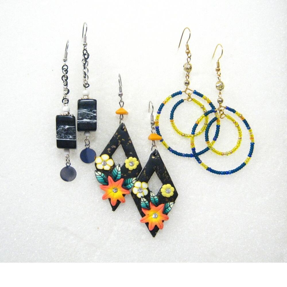 3 pair Handcrafted Earrings Art glass Beaded Double Hoops Island style Drops